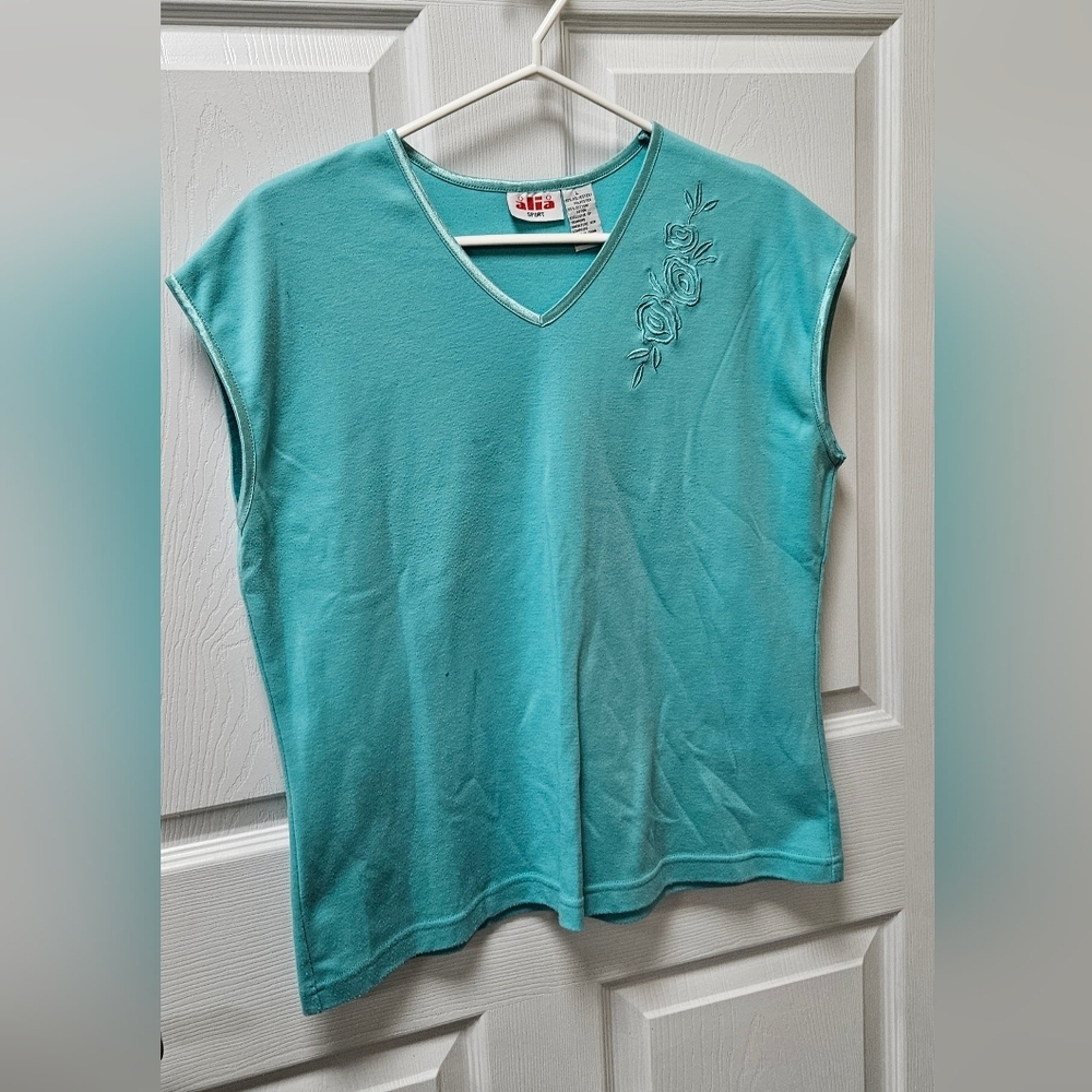 Alia Sport Teal Embroidered V-Neck Women's Top,Large